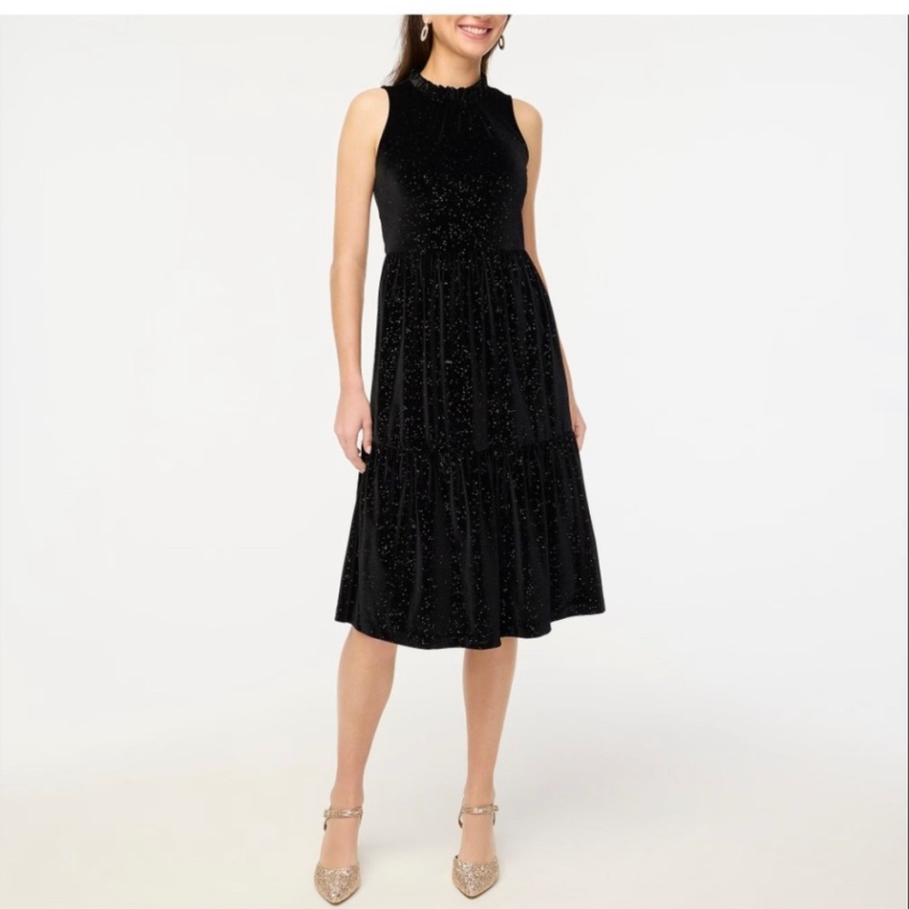 J Crew Factory Shimmer Velvet Sleeveless Midi Dress Sparkle Black Women’s 00